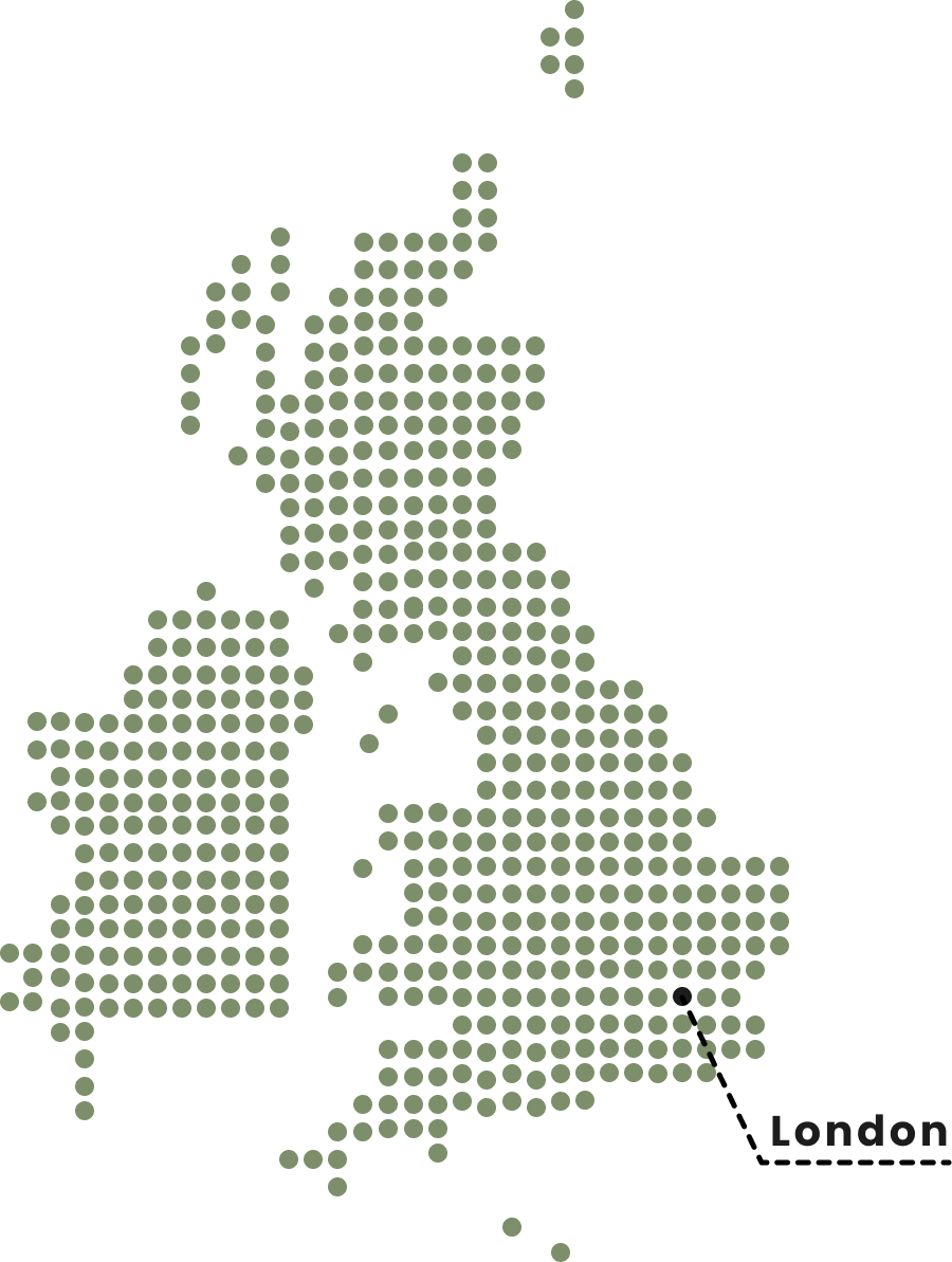 Minimalistic map of the UK with London highlighted.